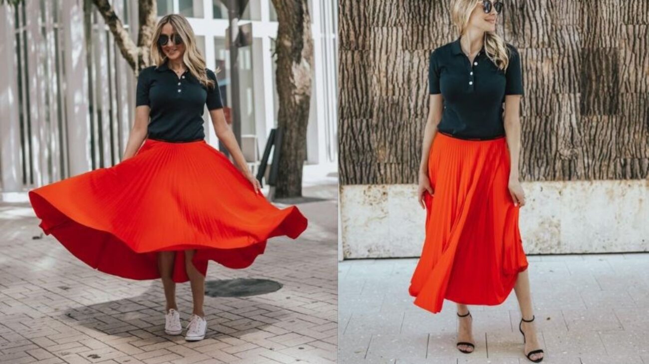 9+ Cách Phối Đồ Với Áo Polo Dành Cho Nam Và Nữ Phong Cách Nhất 9 Kết hợp với chân váy xếp ly dài